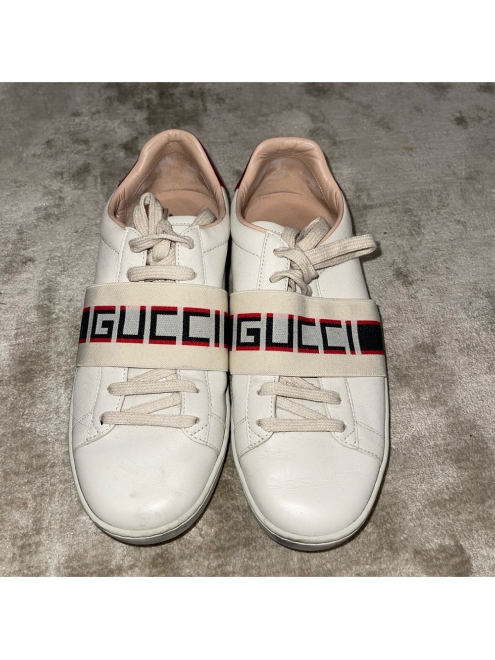 Gucci White Leather Sneakers with Red and Black Logo Strap